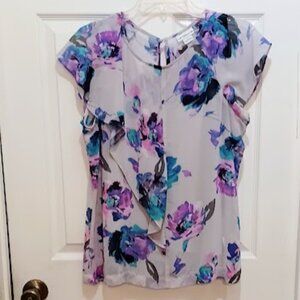 Liz Claiborne blouse w/tank top insert purple, blue, black & pink flowers Size L